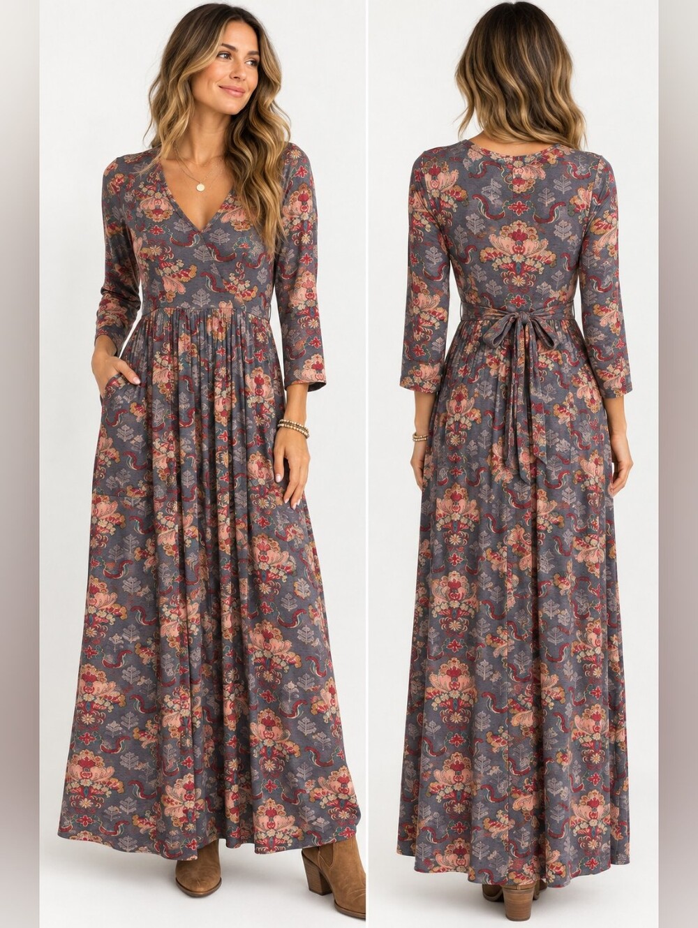 April Cornell Floral Paisley Maxi Dress XS Gray Boho V Neck Tie Waist Pockets